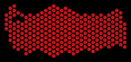 Hex tile Turkey map. Vector territorial scheme on a black background. Abstract Turkey map composition is done with hex-tile cells.のイラスト素材