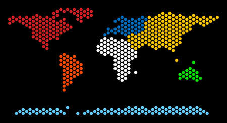 Hexagon world continent map. Vector geographic scheme on a black background. Abstract world continent map concept is formed of honeycomb elements.のイラスト素材