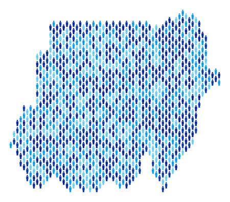 Population Sudan map. Demography vector abstraction of Sudan map organized of person items. Abstract social representation of national mass cartography. Demographic map in blue color variations.のイラスト素材