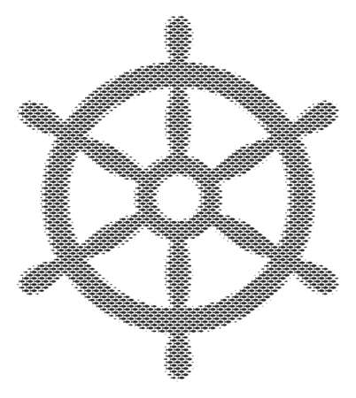 Fish boat steering wheel halftone mosaic. Vector fish symbols are shaped into boat steering wheel collage. Seafood design concept.のイラスト素材