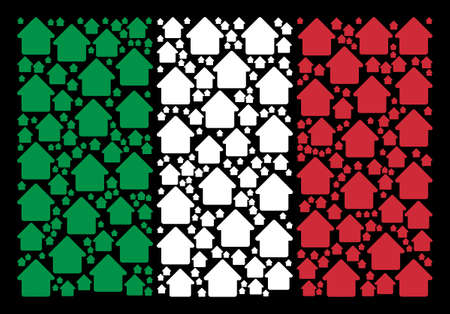 Italy flag flat collage combined from cabin icons on a black background. Vector cabin symbols are arranged into conceptual Italy flag composition.のイラスト素材