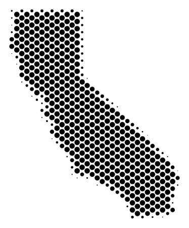 Abstract California map. Vector halftone territory scheme. Cartographic dot composition. Schematic California map is constructed of regular circle element grid.のイラスト素材