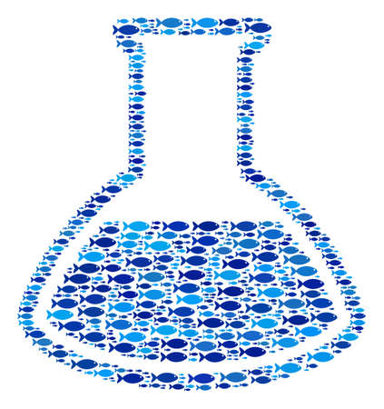 Fish analysis vial collage in blue color variations. Vector fish symbols are grouped into analysis vial mosaic. Organic design concept.のイラスト素材