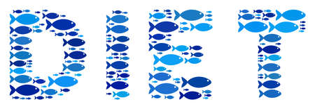 Fish diet text collage in blue color tinges. Vector fish items are shaped into diet text composition. Nautical abstract design.のイラスト素材
