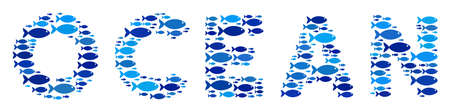 Fish ocean text composition in blue color tinges. Vector fish items are formed into ocean text collage. Eco design concept.のイラスト素材