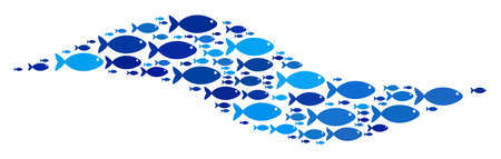 Fish wave shape mosaic in blue color tinges. Vector fish icons are organized into wave shape abstraction. Seafood abstract design.のイラスト素材