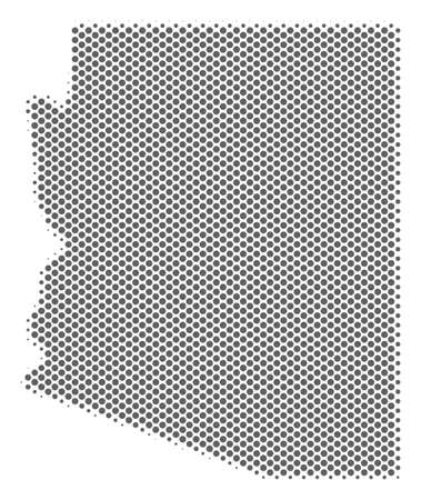 Schematic Arizona State map. Vector halftone geographic plan. Grey pixel cartographic composition. Abstract Arizona State map is made of regular round spot pattern.のイラスト素材