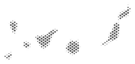 Schematic Canarian Spain Islands map. Vector halftone geographic plan. Gray pixelated cartographic concept. Abstract Canarian Spain Islands map is composed with regular circle spot pattern.のイラスト素材