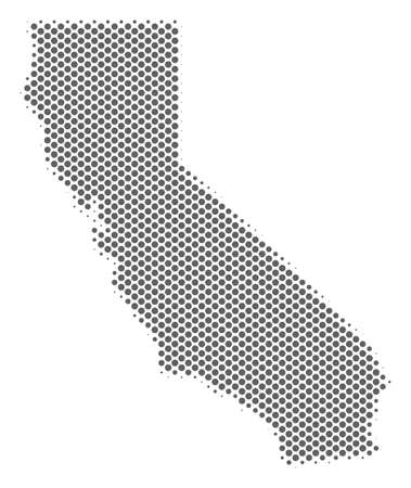Schematic California map. Vector halftone geographical plan. Silver pixel cartographic concept. Abstract California map is done with regular spheric dot grid.のイラスト素材