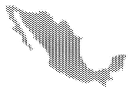 Schematic Mexico map. Vector halftone territory scheme. Silver pixel cartographic concept. Abstract Mexico map is created with regular round element pattern.のイラスト素材