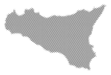 Schematic Sicilia map. Vector halftone geographic scheme. Gray pixel cartographic concept. Abstract Sicilia map is constructed from regular spheric item grid.のイラスト素材