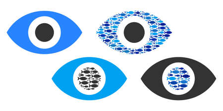 Fish eye vector illustration set with collage elements filled by fish icons in blue and gray colors....