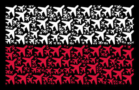 Polish Flag mosaic designed of air plane pictograms. Flat vector air plane icons are combined into geometric Polish flag abstraction on a black background.のイラスト素材