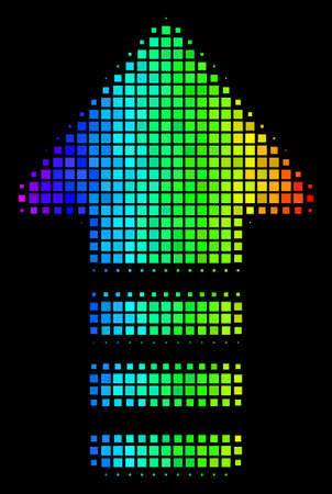 Pixelated colorful halftone arrow pointer icon drawn with spectral color tinges with horizontal gradient on a black background.のイラスト素材