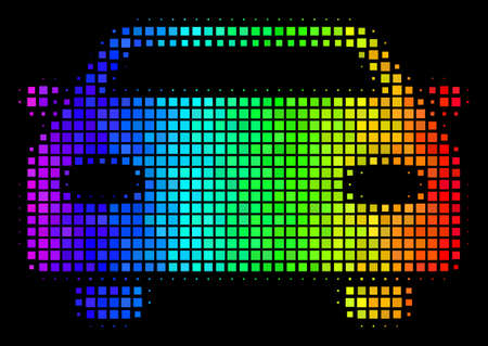 Dot bright halftone car icon in spectral color hues with horizontal gradient on a black background. Multicolored vector composition of car illustration organized of rectangular matrix cells.のイラスト素材