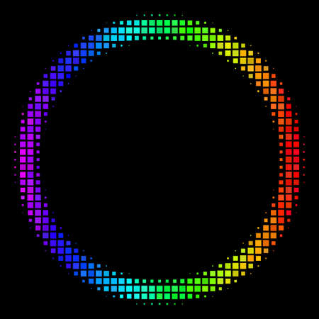 Dotted colorful halftone circle bubble icon using rainbow color tinges with horizontal gradient on a black background. Color vector mosaic of circle bubble symbol designed from rectangular elements.のイラスト素材