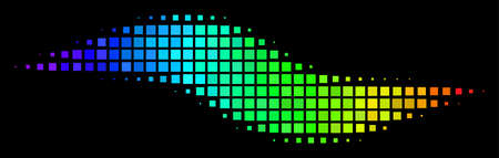 Dot bright halftone wave shape icon in rainbow color tinges with horizontal gradient on a black background. Bright vector mosaic of wave shape pictogram organized from square matrix cells.のイラスト素材