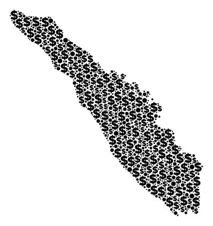 Sumatra Island map mosaic of money signs and round spots in different sizes. Abstract vector financial and GDP Sumatra Island map.のイラスト素材