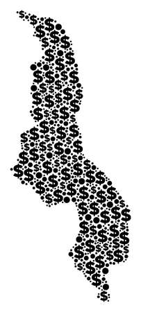 Malawi map mosaic of dollar symbols and spheric points in variable sizes. Abstract vector wealth and GDP Malawi map. Money signs and circles are shaped into cartography scheme vector illustration.のイラスト素材
