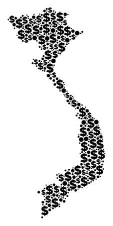 Vietnam map composition of dollars and spheric dots in various sizes. Abstract vector financial and GDP Vietnam map. Money signs and spheric items are arranged into geography scheme design concept.のイラスト素材