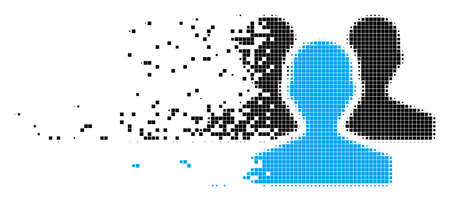 Dissolved users dot vector icon with disintegration effect. Rectangular pixels are arranged into damaging users form. Pixel disintegration effect demonstrates speed and motion of cyberspace matter.のイラスト素材