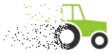 Dissolved wheeled tractor dot vector icon with disintegration effect. Square fragments are composed into damaging wheeled tractor form.のイラスト素材