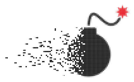 Fractured bomb dotted vector icon with disintegration effect. Rectangular dots are arranged into...