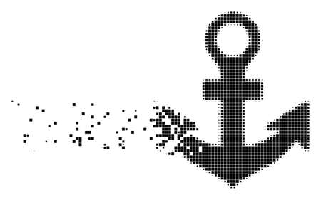 Fractured anchor dot vector icon with disintegration effect. Rectangular pieces are combined into dispersed anchor shape. Pixel disappearing effect shows speed and motion of cyberspace things.のイラスト素材