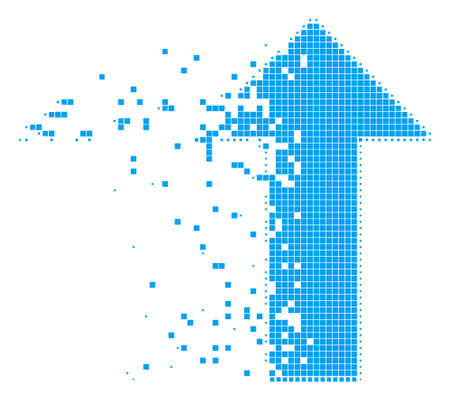 Dispersed arrow dotted vector icon with disintegration effect. Rectangle pieces are grouped into dissolving arrow figure. Pixel defragmentation effect shows speed and movement of cyberspace matter.のイラスト素材