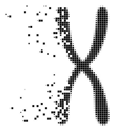 Fractured chromosome dot vector icon with disintegration effect. Rectangle elements are arranged into dispersed chromosome form. Pixel fragmentation effect shows speed and motion of cyberspace items.のイラスト素材