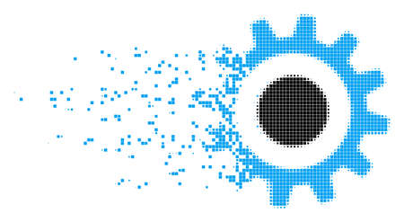 Fractured cogwheel dotted vector icon with disintegration effect. Square pieces are organized into dispersed cogwheel figure.のイラスト素材