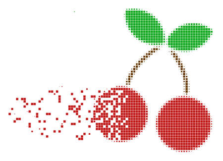 Fractured cherry dot vector icon with disintegration effect. Rectangle dots are organized into disappearing cherry figure. Pixel dust effect demonstrates speed and motion of cyberspace items.のイラスト素材