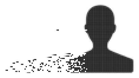 Fractured customer dotted vector icon with disintegration effect. Square points are arranged into disappearing customer shape.のイラスト素材