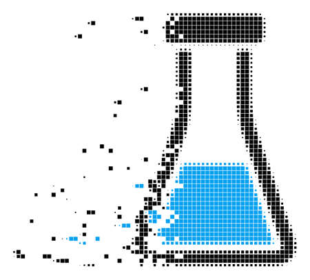 Fractured chemical retort dot vector icon with disintegration effect. Rectangle items are organized into damaging chemical retort figure.のイラスト素材