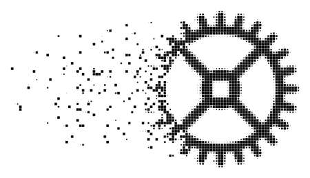 Dispersed clock gear dot vector icon with disintegration effect. Square fragments are composed into dispersed clock gear shape. Pixel dust effect shows speed and motion of cyberspace things.のイラスト素材