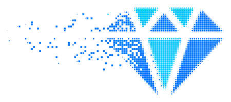 Fractured diamond dotted vector icon with disintegration effect. Square dots are grouped into dispersed diamond form. Pixel disintegration effect shows speed and movement of cyberspace things.のイラスト素材