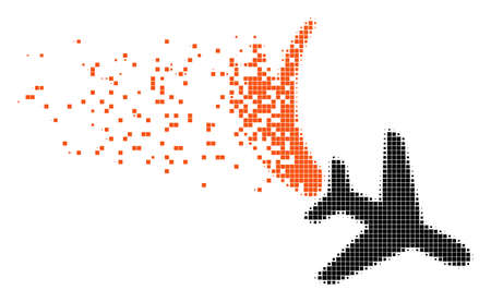 Fractured falling airplane dot vector icon with disintegration effect. Rectangle points are organized into damaging falling airplane form.のイラスト素材