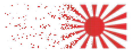Fractured Japanese rising sun dotted vector icon with disintegration effect. Rectangular pieces are composed into damaging Japanese rising sun form.のイラスト素材