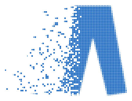 Dissolved jeans dotted vector icon with disintegration effect. Square particles are combined into dissolving jeans figure. Pixel defragmentation effect shows speed and motion of cyberspace objects.のイラスト素材