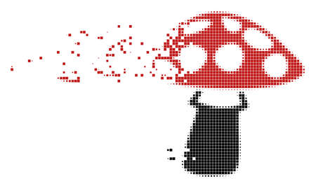Fractured mushroom dotted vector icon with disintegration effect. Square cells are combined into disappearing mushroom form.のイラスト素材