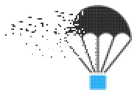 Dispersed parachute dot vector icon with disintegration effect. Square points are composed into dispersed parachute shape. Pixel dissipating effect shows speed and movement of cyberspace abstractions.のイラスト素材