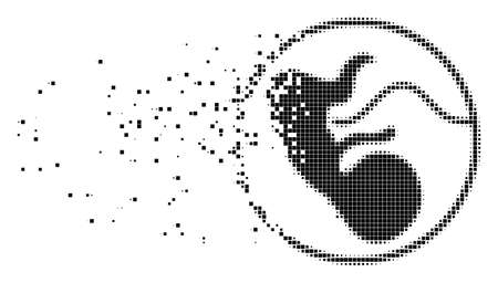 Dissolved prenatal dotted vector icon with disintegration effect. Square dots are arranged into damaging prenatal form. Pixel fragmentation effect shows speed and movement of cyberspace concepts.のイラスト素材