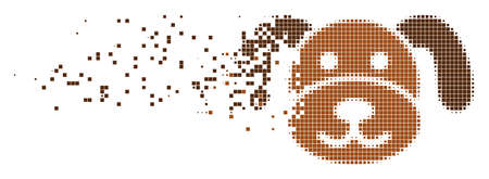 Fractured puppy dotted vector icon with disintegration effect. Square pixels are organized into dissolving puppy shape. Pixel disappearing effect shows speed and motion of cyberspace objects.のイラスト素材