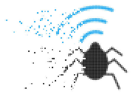 Dissolved radio bug dot vector icon with disintegration effect. Rectangular items are arranged into damaging radio bug form. Pixel dust effect demonstrates speed and motion of cyberspace matter.のイラスト素材