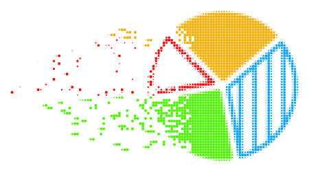 Fractured pie chart dot vector icon with disintegration effect. Square items are combined into dispersed pie chart figure. Pixel dissolution effect shows speed and motion of cyberspace objects.のイラスト素材