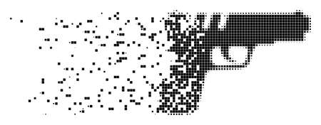 Fractured pistol gun dot vector icon with disintegration effect. Square pieces are organized into dissolving pistol gun shape. Pixel burst effect shows speed and motion of cyberspace objects.のイラスト素材