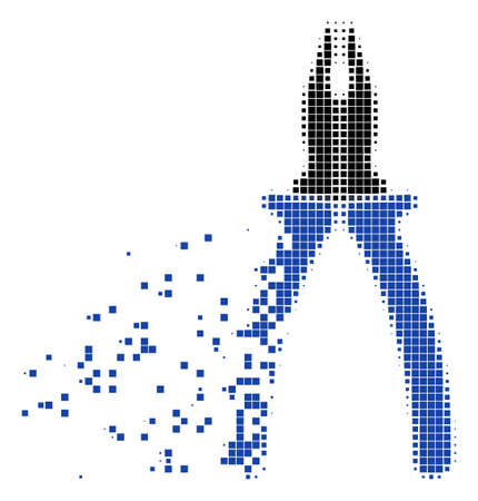 Fractured pliers dot vector icon with disintegration effect. Square elements are combined into dissipated pliers shape. Pixel explosion effect shows speed and movement of cyberspace objects.のイラスト素材