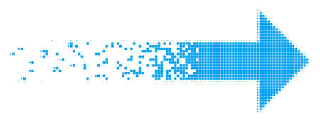 Dissolved right arrow dot vector icon with disintegration effect. Square pixels are grouped into...
