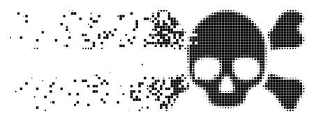 Fractured skull crossbones dot vector icon with disintegration effect. Rectangle fragments are organized into dispersed skull crossbones form.のイラスト素材