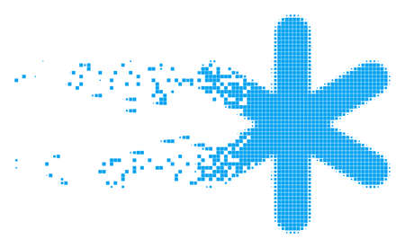 Dissolved snowflake dotted vector icon with disintegration effect. Rectangular fragments are arranged into dispersed snowflake form. Pixel dust effect shows speed and motion of cyberspace things.のイラスト素材